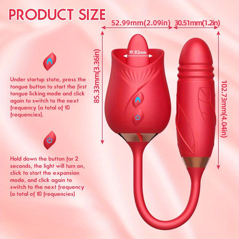 Rose Toy Vibrator For Women. 3 In 1 Clitoral Stimulator Tongue Licking Thrusting G Spot Dildo Vibrator With 10 Modes. Vaginal Anal Masturbation Massager. Rose Adult Sex Toys Games. Clit Nipple Licker For Women Man Couples