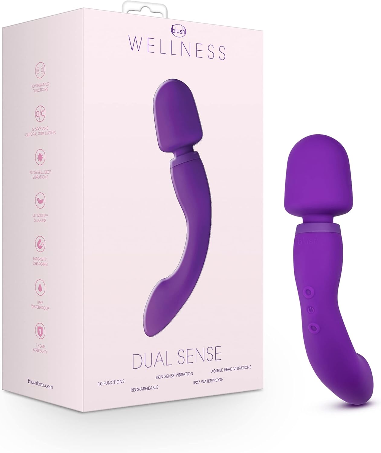 Blush Wellness Dual Sense - ไม้นวดซิลิโคนนุ่มพิเศษแบบสัมผัสที่ไวต่อการเคลื่อนไหว - นวัตกรรมใหม่ - เหมาะสำหรับกล้ามเนื้อที่ปวดเมื่อย - ฟังก์ชันการสั่นสะเทือนที่ทรงพลัง 10 แบบที่ปลายทั้งสองข้างของไม้นวด - กันน้ำระดับ IPX7