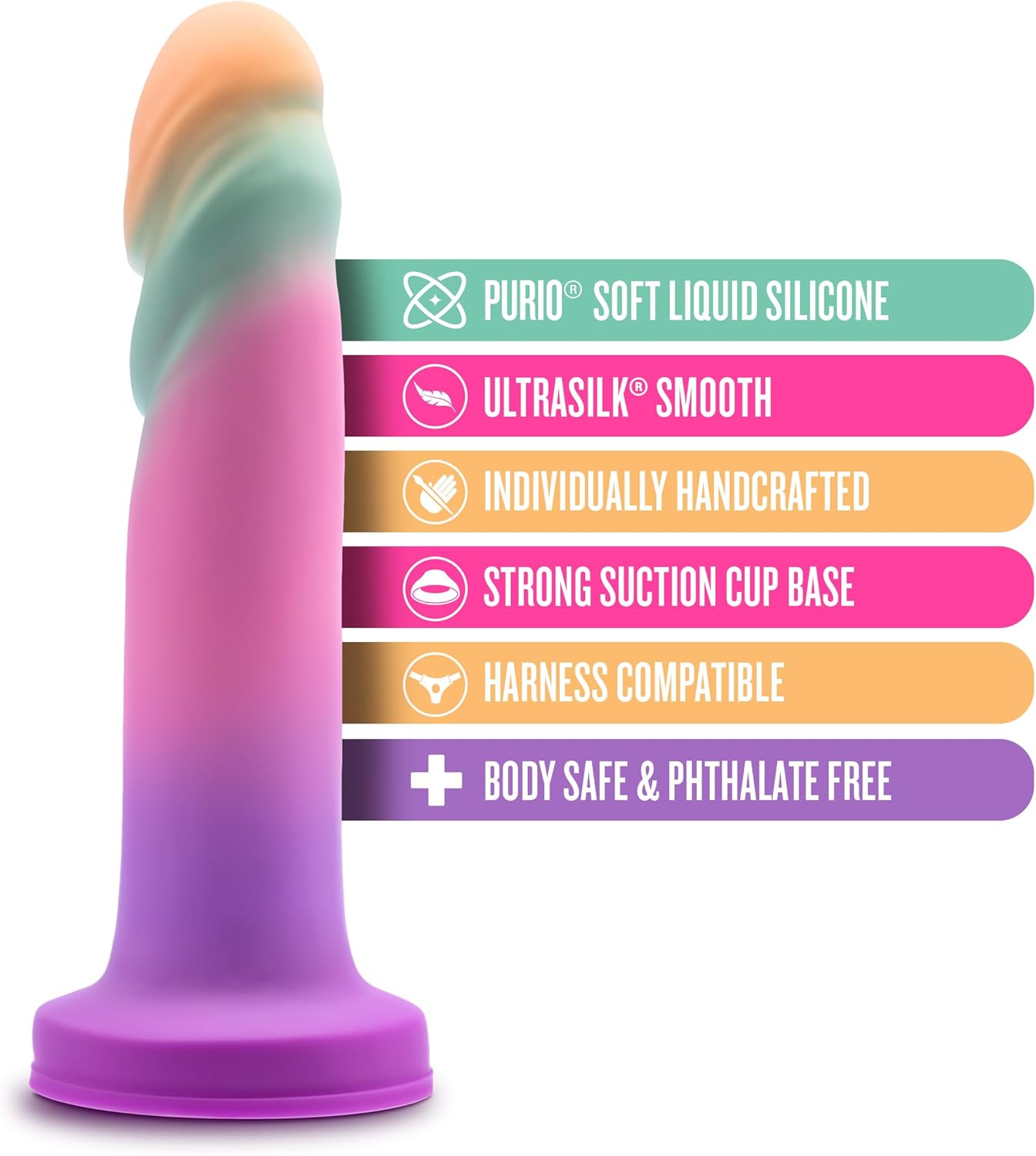 Blush Avant Sunrise Gaze Artisan 7.5 Inch Dildo – Hand Crafted with Purio® Liquid Silicone Wrapped in Satin Smooth UltraSilk® – Suction Cup Base & Harness Compatible - Sherbet