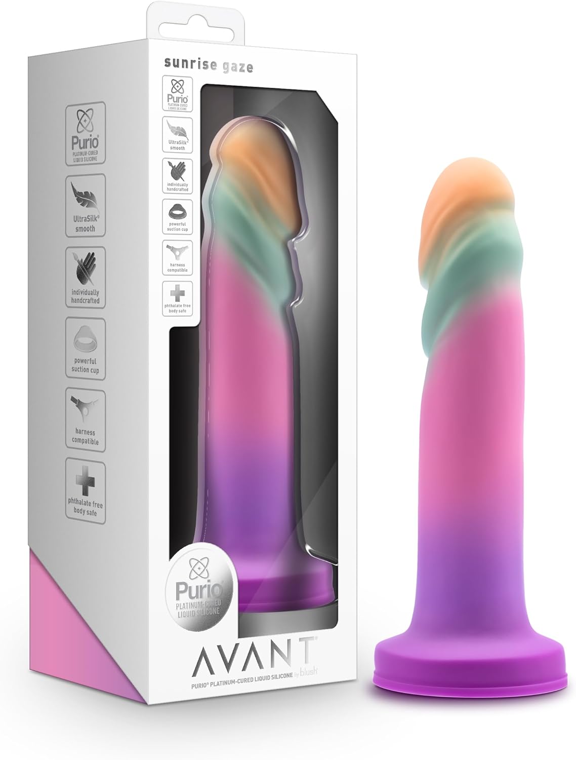 Blush Avant Sunrise Gaze Artisan 7.5 Inch Dildo – Hand Crafted with Purio® Liquid Silicone Wrapped in Satin Smooth UltraSilk® – Suction Cup Base & Harness Compatible - Sherbet