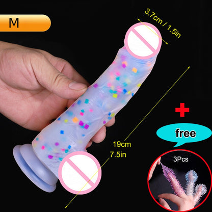 Confetti Dildo ที่สมจริงซิลิโคน Dildo.พร้อมถ้วยดูดสำหรับแฮนด์ฟรีเล่นฟรี.สมจริง Penis สำหรับสตรีและคู่
