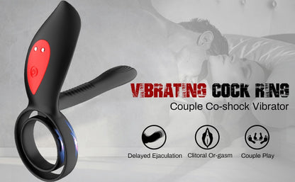 New Couples Delay Ejaculation Penis Vibrator with Double Cock Ring Nipples Massager Adult Sex Toys for Men Clitoris Stimulator