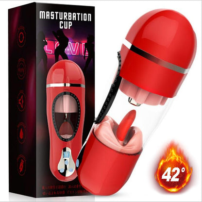 อมควยลิ้นเลียชาย Masturbator Vibrator สำหรับผู้ชายอัตโนมัติ Oral Deep Throat ช่องคลอด Masturbator ถ้วยความร้อนชายของเล่น