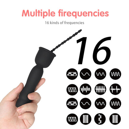 Mushroom Head 16-frequency Vibration Urethral Stick Rechargeable Massage Male Silicone Penis Time-lapse Training Exercise Black