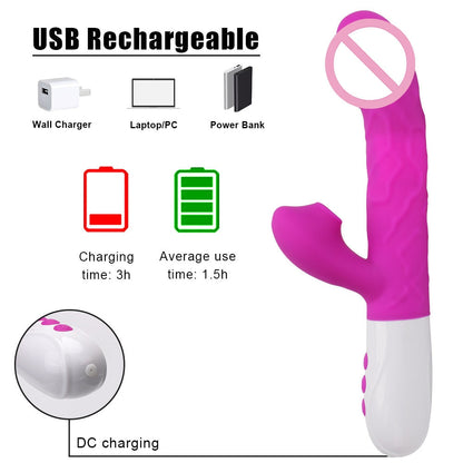 Sex Toys for Women Heating Vagina G Spot Stimulate Vibrators Telescopic Rotating Dildo 3 In 1 Clitoris Sucking Rabbit Vibrator