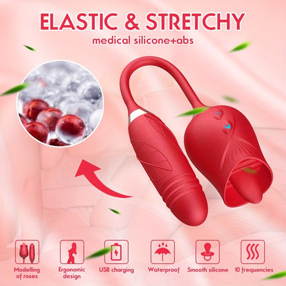 Rose Toy Vibrator For Women. 3 In 1 Clitoral Stimulator Tongue Licking Thrusting G Spot Dildo Vibrator With 10 Modes. Vaginal Anal Masturbation Massager. Rose Adult Sex Toys Games. Clit Nipple Licker For Women Man Couples
