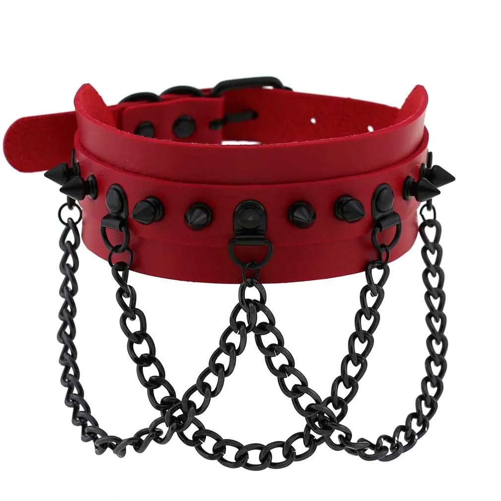 BDSM Punk Black Metal Tassel Red Choker Necklace Sexy Spiked Neck Strap Clavicle Collar Men Necklaces Halloween Women - My StoreBDSM Punk Black Metal Tassel Red Choker Necklace Sexy Spiked Neck Strap Clavicle Collar Men Necklaces Halloween Womenthai - adultMy StoreP020 redBDSM Punk Black Metal Tassel Red Choker Necklace Sexy Spiked Neck Strap Clavicle Collar Men Necklaces Halloween Women