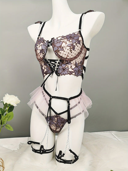 Women's Seductive Sheer Gauze Fishnet Lingerie Set with Floral Embroidery - V Neck Open Back Off The Shoulder Comfortable Bra with Underwire & Thong & Waistband with Chain Garter Belt - Perfect for Uniform Temptation - My StoreWomen's Seductive Sheer Gauze Fishnet Lingerie Set with Floral Embroidery - V Neck Open Back Off The Shoulder Comfortable Bra with Underwire & Thong & Waistband with Chain Garter Belt - Perfect for Uniform Temptationthai - adultMy StorePurpleSWomen's Seductive Sheer Gauze 