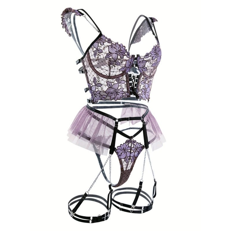 Women's Seductive Sheer Gauze Fishnet Lingerie Set with Floral Embroidery - V Neck Open Back Off The Shoulder Comfortable Bra with Underwire & Thong & Waistband with Chain Garter Belt - Perfect for Uniform Temptation - My StoreWomen's Seductive Sheer Gauze Fishnet Lingerie Set with Floral Embroidery - V Neck Open Back Off The Shoulder Comfortable Bra with Underwire & Thong & Waistband with Chain Garter Belt - Perfect for Uniform Temptationthai - adultMy StorePurpleSWomen's Seductive Sheer Gauze 