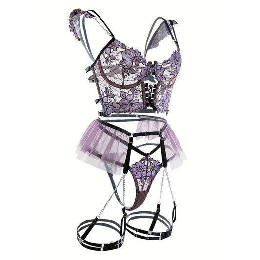 Women's Seductive Sheer Gauze Fishnet Lingerie Set with Floral Embroidery - V Neck Open Back Off The Shoulder Comfortable Bra with Underwire & Thong & Waistband with Chain Garter Belt - Perfect for Uniform Temptation - My StoreWomen's Seductive Sheer Gauze Fishnet Lingerie Set with Floral Embroidery - V Neck Open Back Off The Shoulder Comfortable Bra with Underwire & Thong & Waistband with Chain Garter Belt - Perfect for Uniform Temptationthai - adultMy StorePurpleSWomen's Seductive Sheer Gauze 
