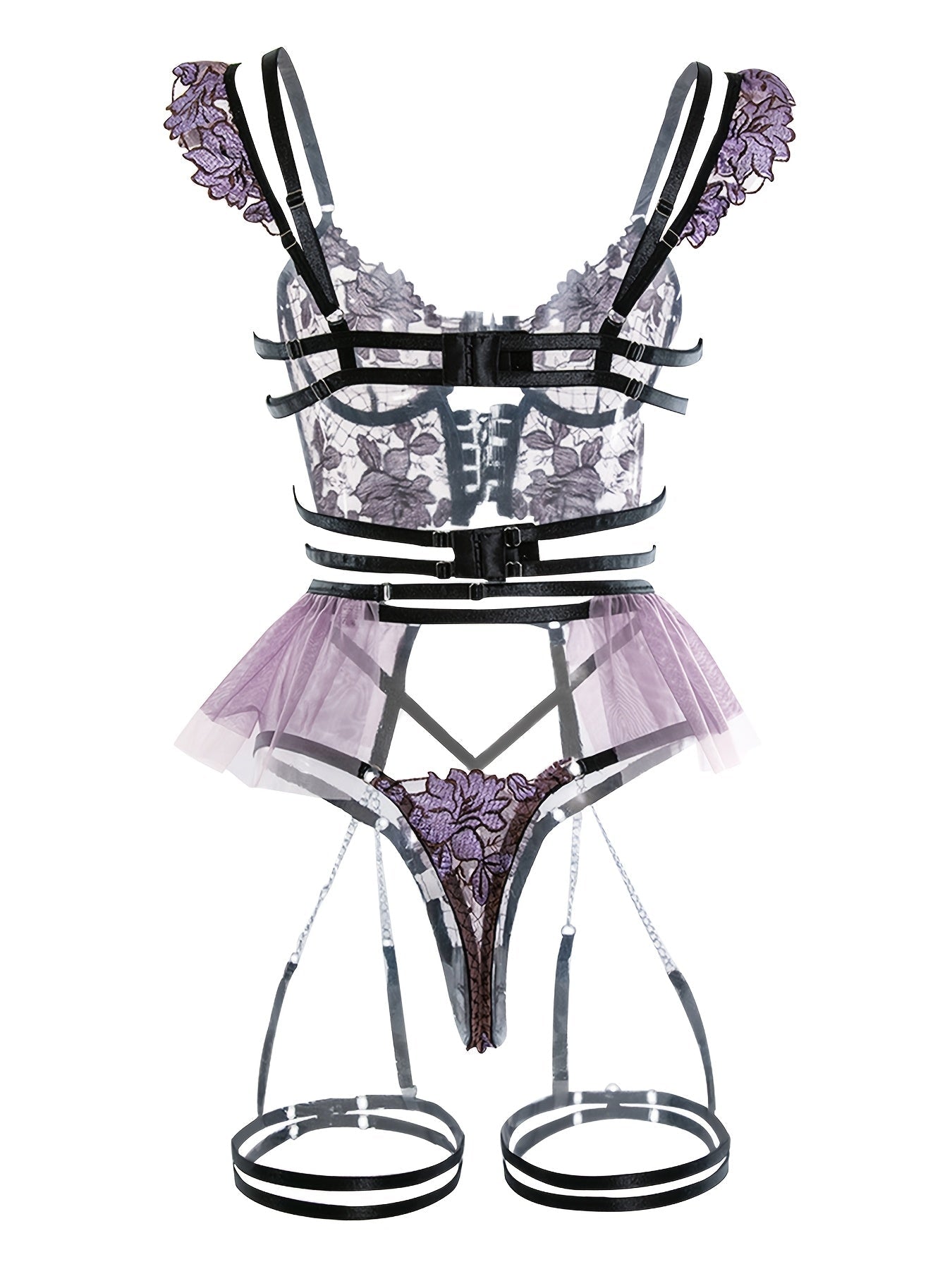 Women's Seductive Sheer Gauze Fishnet Lingerie Set with Floral Embroidery - V Neck Open Back Off The Shoulder Comfortable Bra with Underwire & Thong & Waistband with Chain Garter Belt - Perfect for Uniform Temptation - My StoreWomen's Seductive Sheer Gauze Fishnet Lingerie Set with Floral Embroidery - V Neck Open Back Off The Shoulder Comfortable Bra with Underwire & Thong & Waistband with Chain Garter Belt - Perfect for Uniform Temptationthai - adultMy StorePurpleSWomen's Seductive Sheer Gauze 