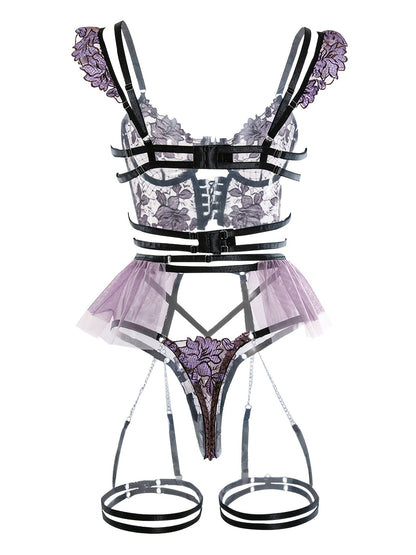 Women's Seductive Sheer Gauze Fishnet Lingerie Set with Floral Embroidery - V Neck Open Back Off The Shoulder Comfortable Bra with Underwire & Thong & Waistband with Chain Garter Belt - Perfect for Uniform Temptation - My StoreWomen's Seductive Sheer Gauze Fishnet Lingerie Set with Floral Embroidery - V Neck Open Back Off The Shoulder Comfortable Bra with Underwire & Thong & Waistband with Chain Garter Belt - Perfect for Uniform Temptationthai - adultMy StorePurpleSWomen's Seductive Sheer Gauze 