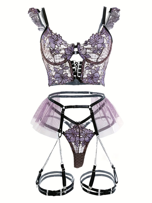 Women's Seductive Sheer Gauze Fishnet Lingerie Set with Floral Embroidery - V Neck Open Back Off The Shoulder Comfortable Bra with Underwire & Thong & Waistband with Chain Garter Belt - Perfect for Uniform Temptation - My StoreWomen's Seductive Sheer Gauze Fishnet Lingerie Set with Floral Embroidery - V Neck Open Back Off The Shoulder Comfortable Bra with Underwire & Thong & Waistband with Chain Garter Belt - Perfect for Uniform Temptationthai - adultMy StorePurpleSWomen's Seductive Sheer Gauze 