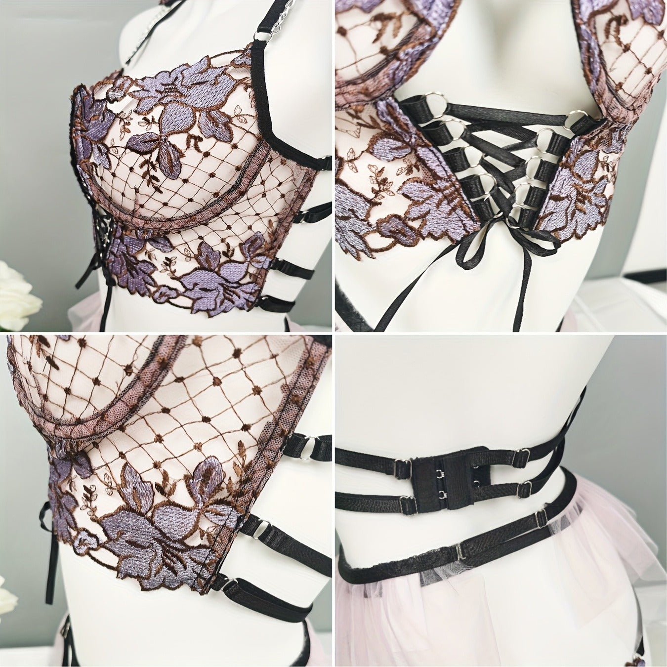 Women's Seductive Sheer Gauze Fishnet Lingerie Set with Floral Embroidery - V Neck Open Back Off The Shoulder Comfortable Bra with Underwire & Thong & Waistband with Chain Garter Belt - Perfect for Uniform Temptation - My StoreWomen's Seductive Sheer Gauze Fishnet Lingerie Set with Floral Embroidery - V Neck Open Back Off The Shoulder Comfortable Bra with Underwire & Thong & Waistband with Chain Garter Belt - Perfect for Uniform Temptationthai - adultMy StorePurpleSWomen's Seductive Sheer Gauze 