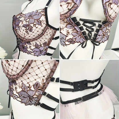 Women's Seductive Sheer Gauze Fishnet Lingerie Set with Floral Embroidery - V Neck Open Back Off The Shoulder Comfortable Bra with Underwire & Thong & Waistband with Chain Garter Belt - Perfect for Uniform Temptation - My StoreWomen's Seductive Sheer Gauze Fishnet Lingerie Set with Floral Embroidery - V Neck Open Back Off The Shoulder Comfortable Bra with Underwire & Thong & Waistband with Chain Garter Belt - Perfect for Uniform Temptationthai - adultMy StorePurpleSWomen's Seductive Sheer Gauze 