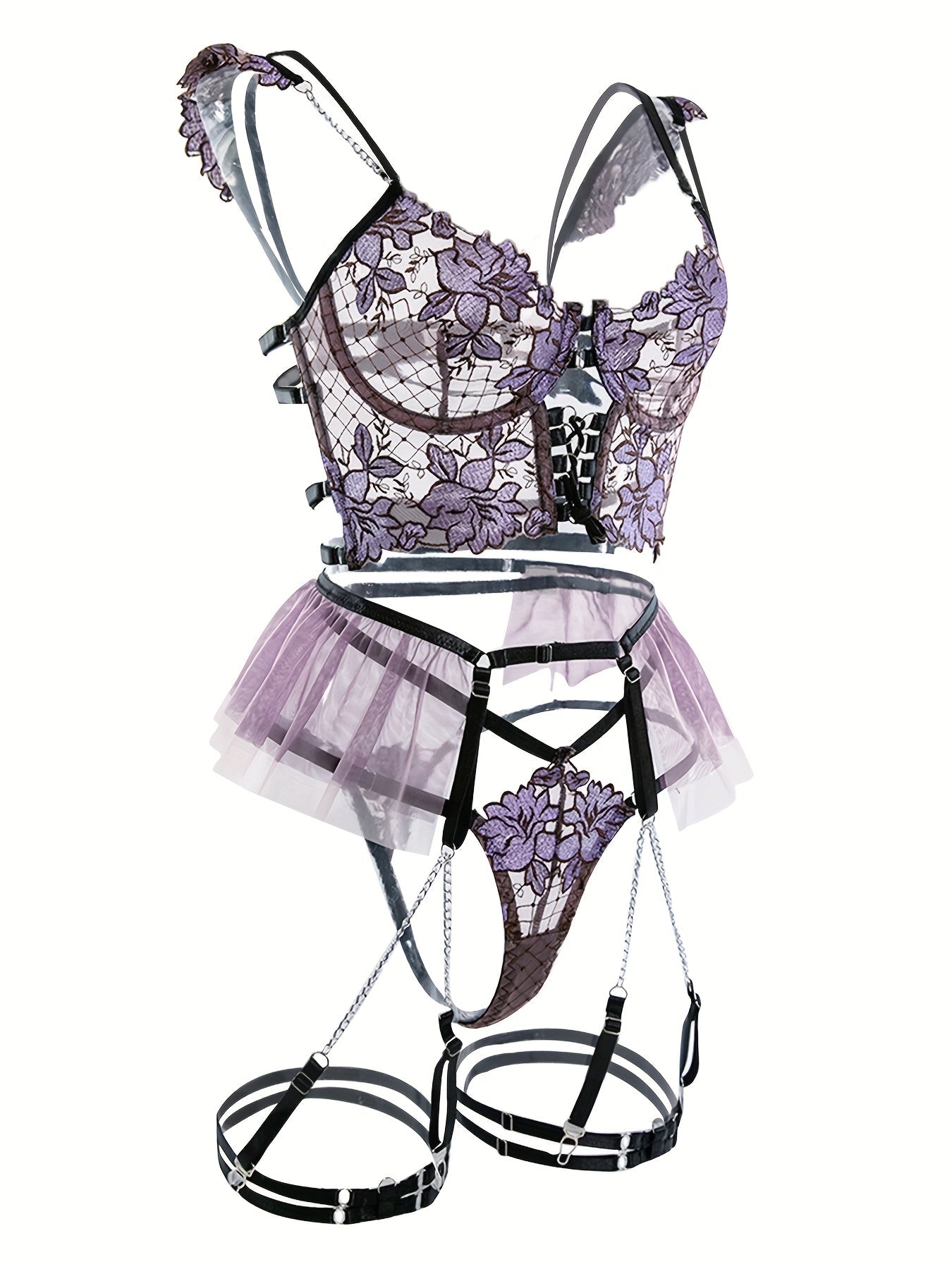 Women's Seductive Sheer Gauze Fishnet Lingerie Set with Floral Embroidery - V Neck Open Back Off The Shoulder Comfortable Bra with Underwire & Thong & Waistband with Chain Garter Belt - Perfect for Uniform Temptation - My StoreWomen's Seductive Sheer Gauze Fishnet Lingerie Set with Floral Embroidery - V Neck Open Back Off The Shoulder Comfortable Bra with Underwire & Thong & Waistband with Chain Garter Belt - Perfect for Uniform Temptationthai - adultMy StorePurpleSWomen's Seductive Sheer Gauze 