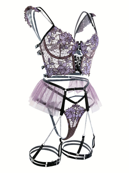 Women's Seductive Sheer Gauze Fishnet Lingerie Set with Floral Embroidery - V Neck Open Back Off The Shoulder Comfortable Bra with Underwire & Thong & Waistband with Chain Garter Belt - Perfect for Uniform Temptation - My StoreWomen's Seductive Sheer Gauze Fishnet Lingerie Set with Floral Embroidery - V Neck Open Back Off The Shoulder Comfortable Bra with Underwire & Thong & Waistband with Chain Garter Belt - Perfect for Uniform Temptationthai - adultMy StorePurpleSWomen's Seductive Sheer Gauze 